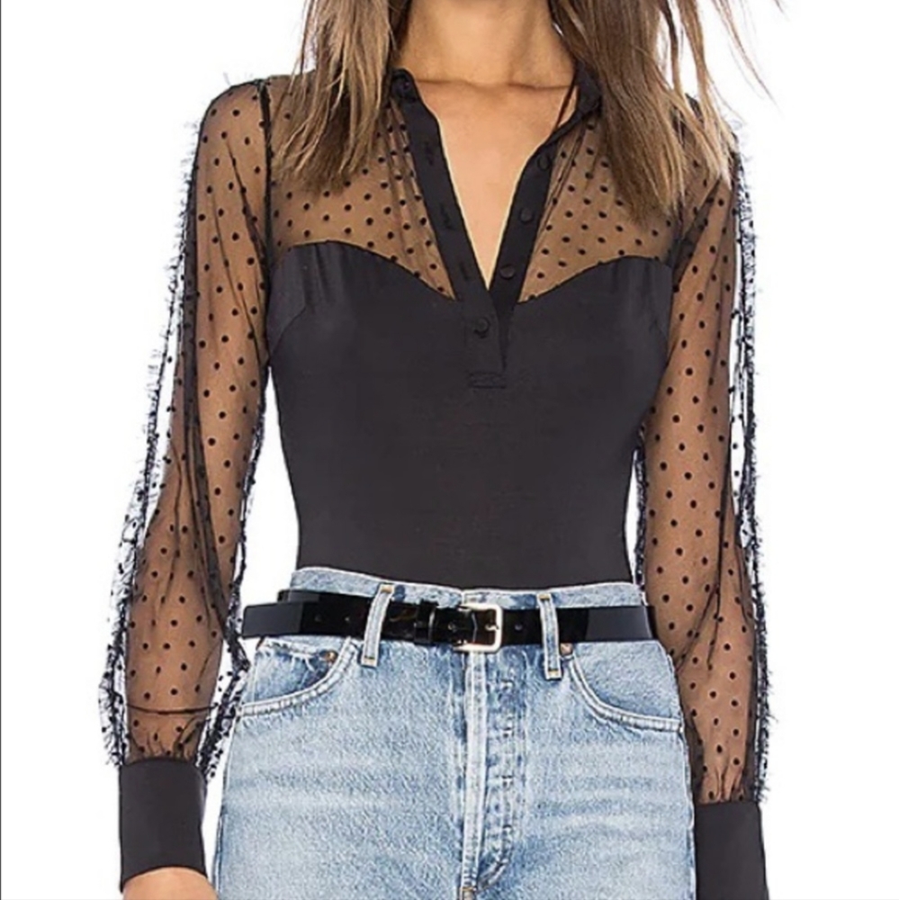 THISTLE & SPIRE Black Lace Sweetheart Bodysuit Medium Long Sleeve Sheer